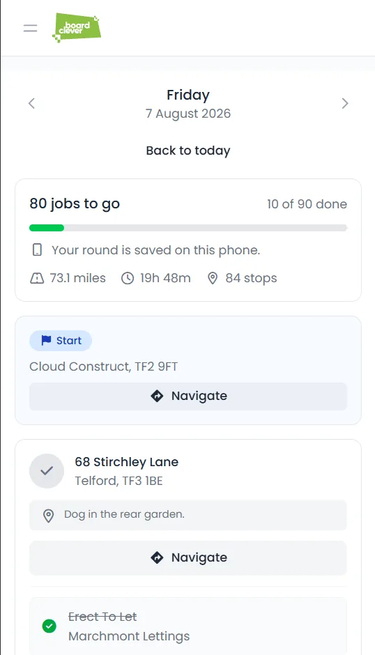 The driver app, showing the jobs left to do today and the miles still to drive