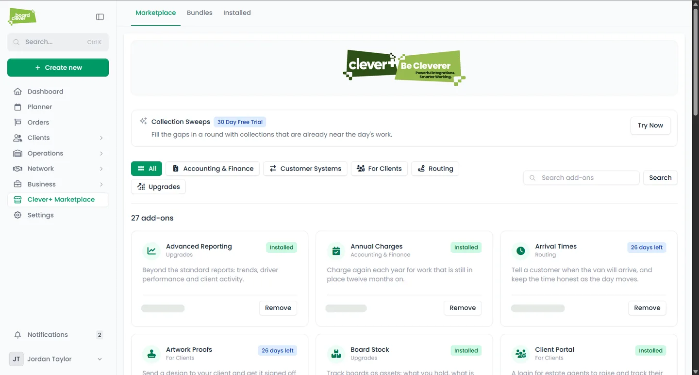 The marketplace, showing add-ons that can be switched on when they are wanted