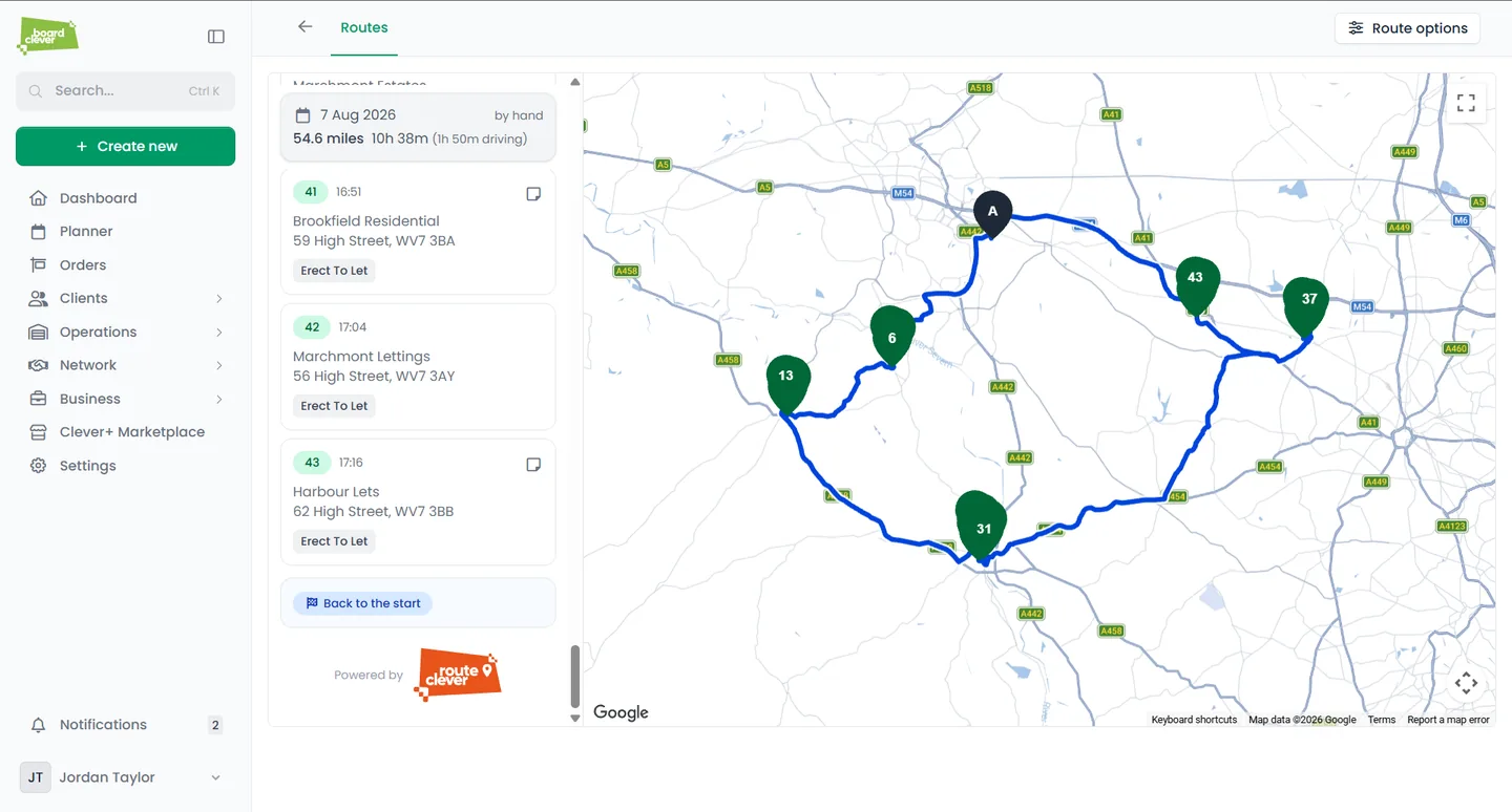The planner, showing a driver's round for the day with each stop in order on a map