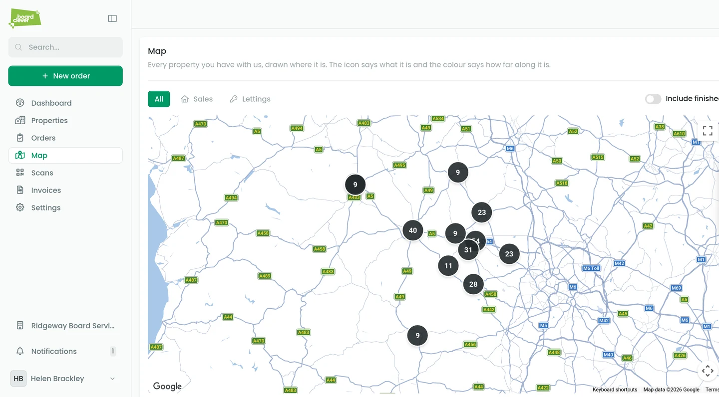 Every property an agency has with its erector, drawn on a map and grouped by area